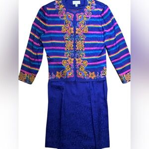 EXCELLENT Vintage Adrianna Papell Silk 2Piece Suit Blazer Skirt Stripe Floral 12